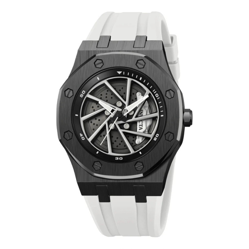 Invicta Men’s Quartz Analog Watch Black Case Skeleton Dial White Strap Box