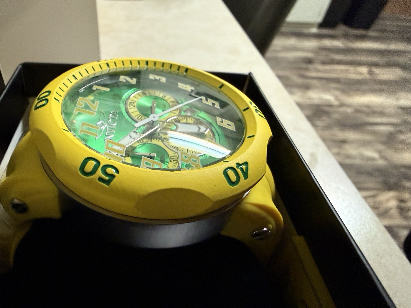 Invicta Venom Men’s Chronograph Watch Green Dial Yellow Silicone Band w/Box