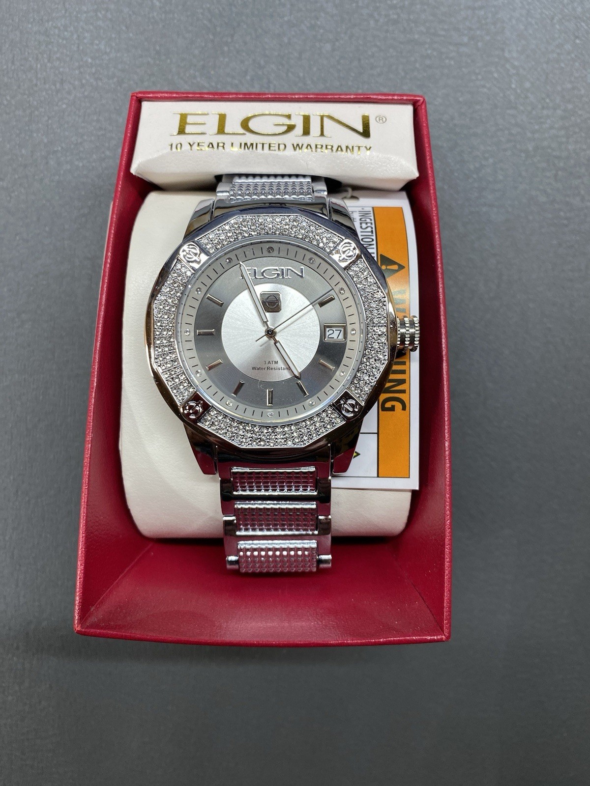 Elgin Men’s Crystal Bezel Silver Tone Analog Watch FG160032