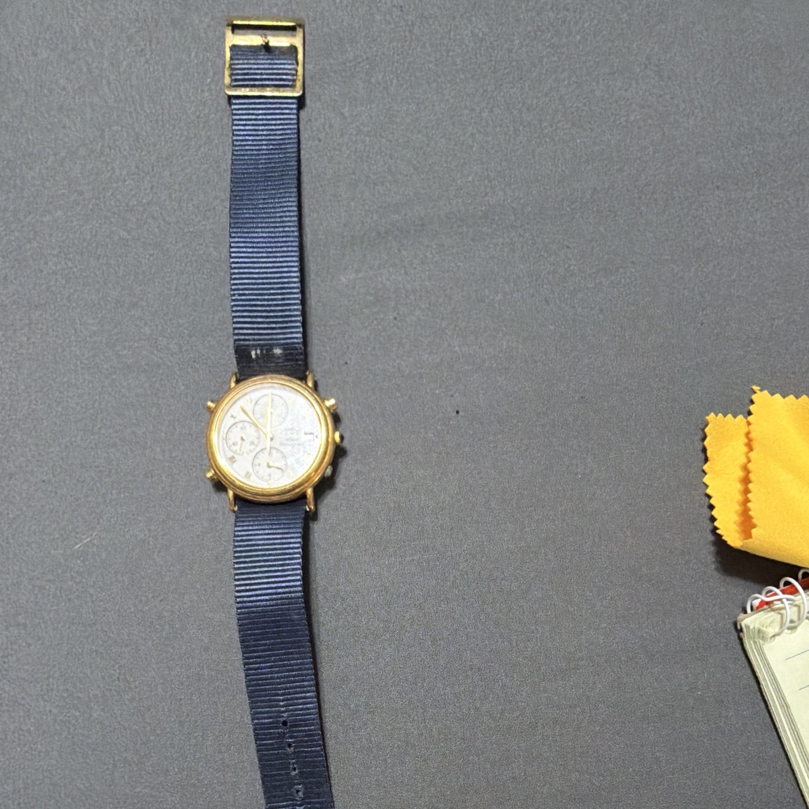 Lassale Quartz Alarm Chronograph Date Gold Tone White Roman Dial Blue Strap