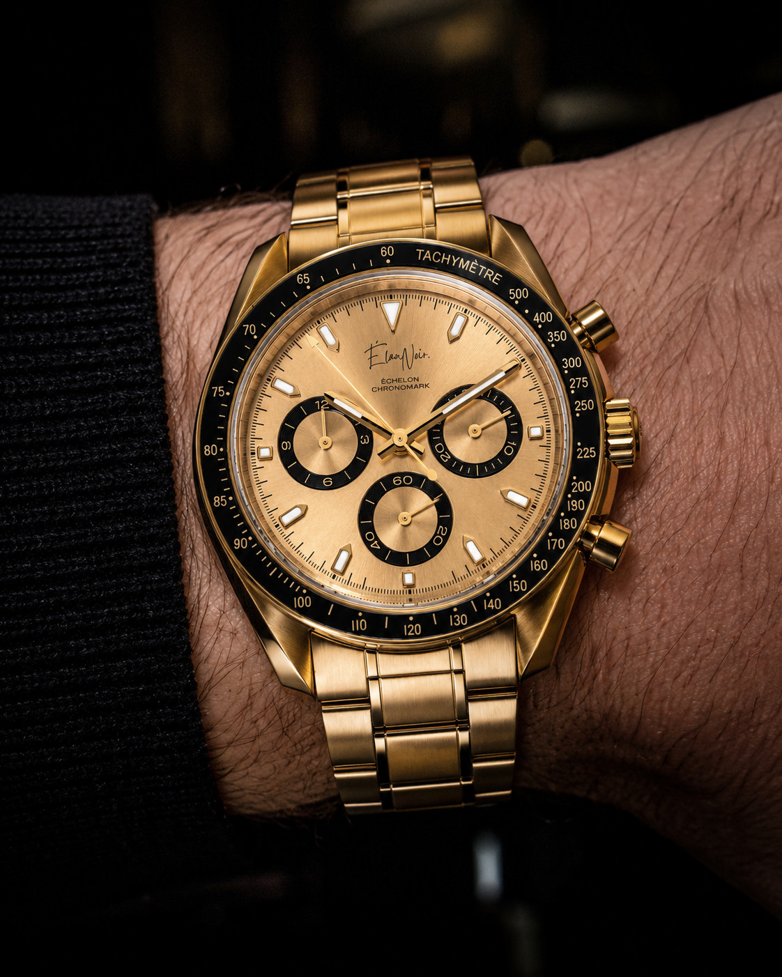 Élan Noir Chronograph Watch VK63 Gold Dial Sapphire Crystal Steel 40mm