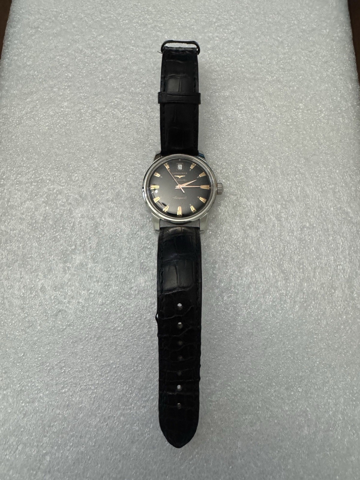Longines Conquest Automatic Black Dial Date Alligator Leather Strap Watch