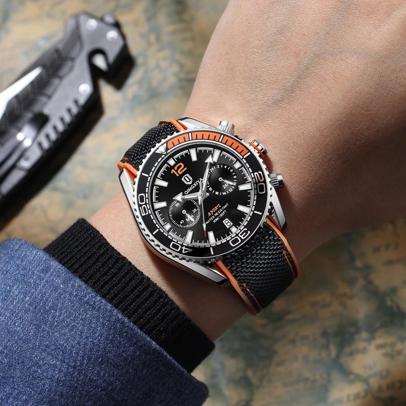 44MM QINGXIYA Quartz Diver Men’s Watch Nylon 30M Waterproof Date Luminous NEW