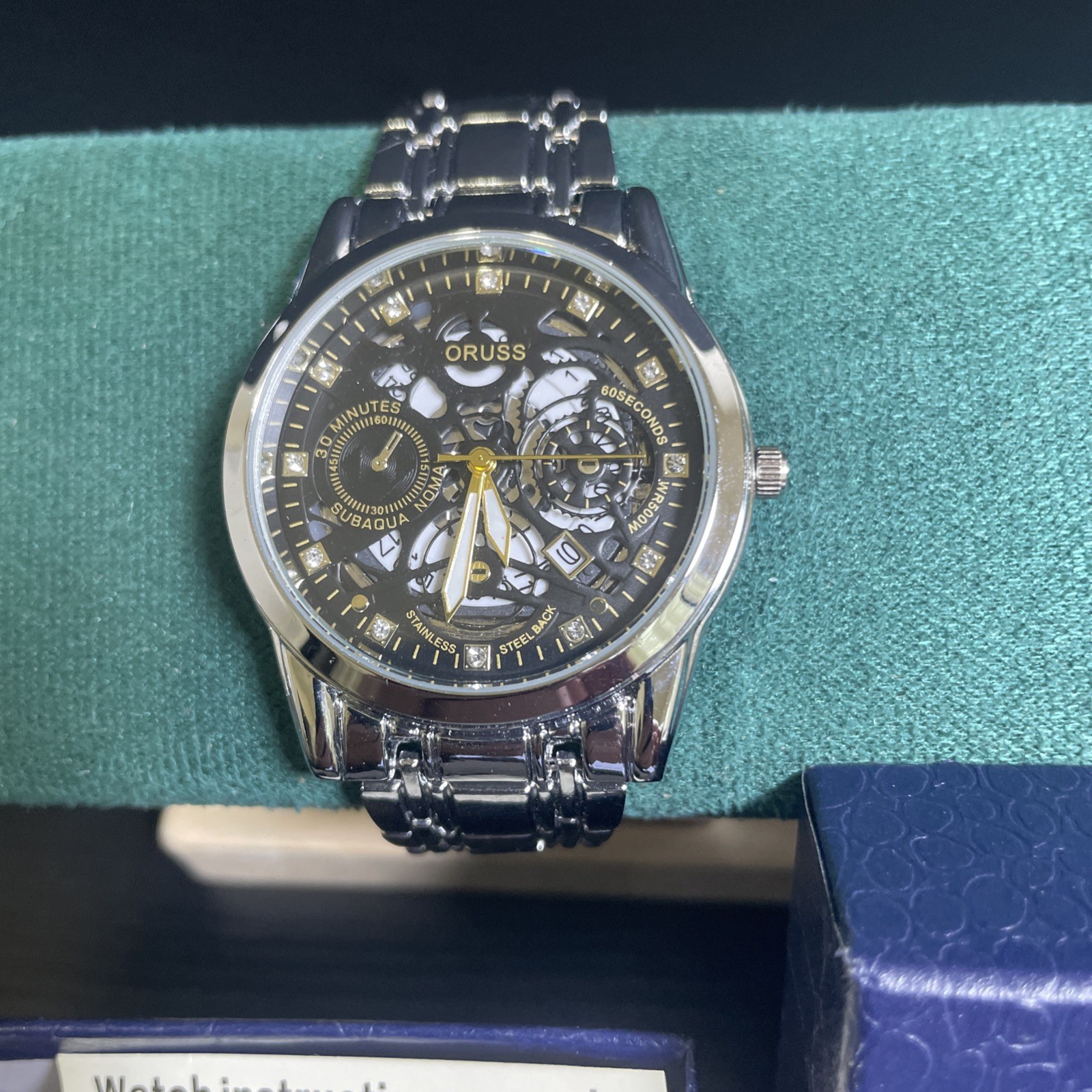ORUSS 1853 Men’s Multifunction Watch Black Gold Dial Bracelet Box Working