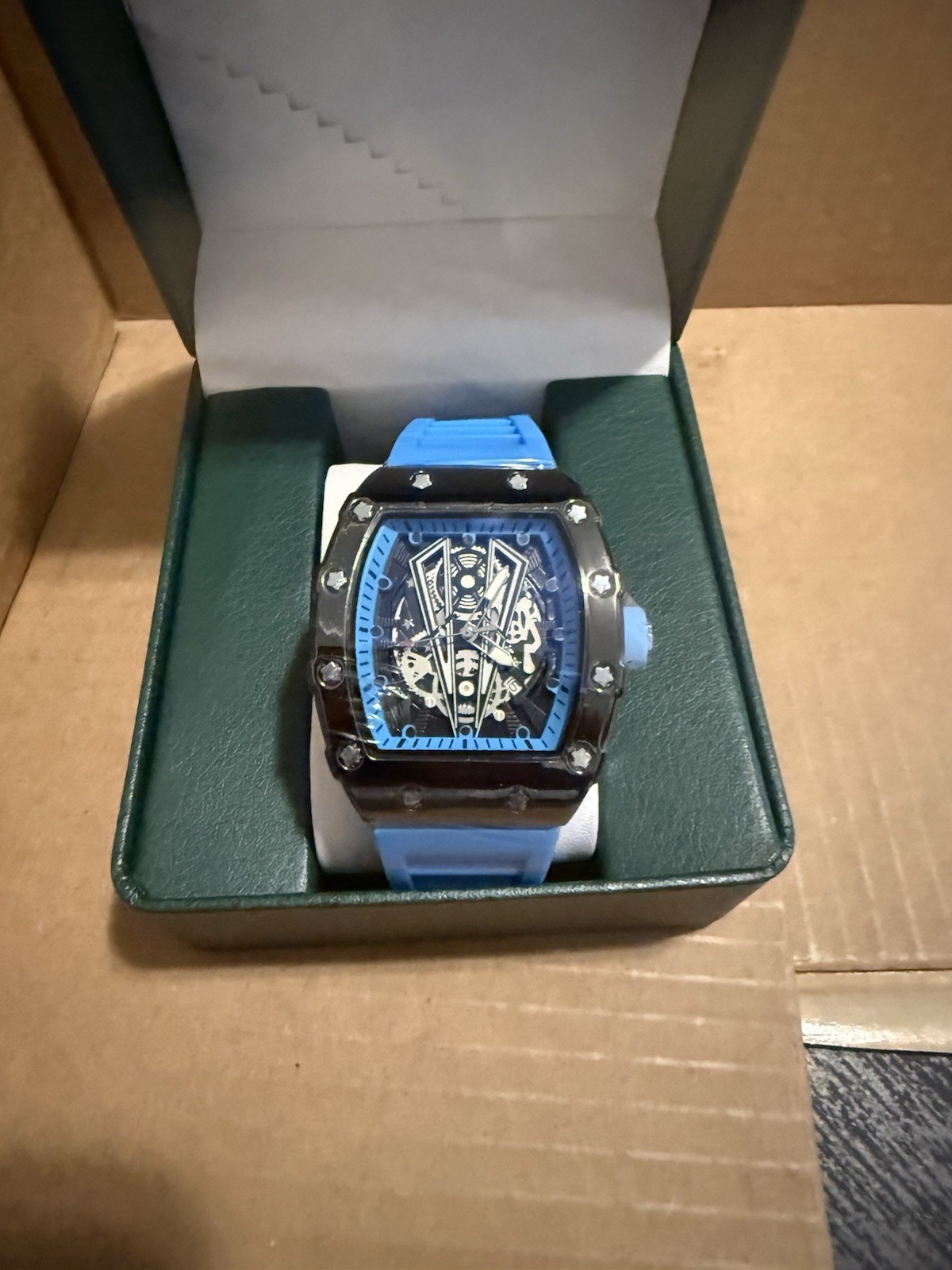 Skeleton Tonneau Analog Wristwatch Black Case Blue Rubber Strap w/ Box