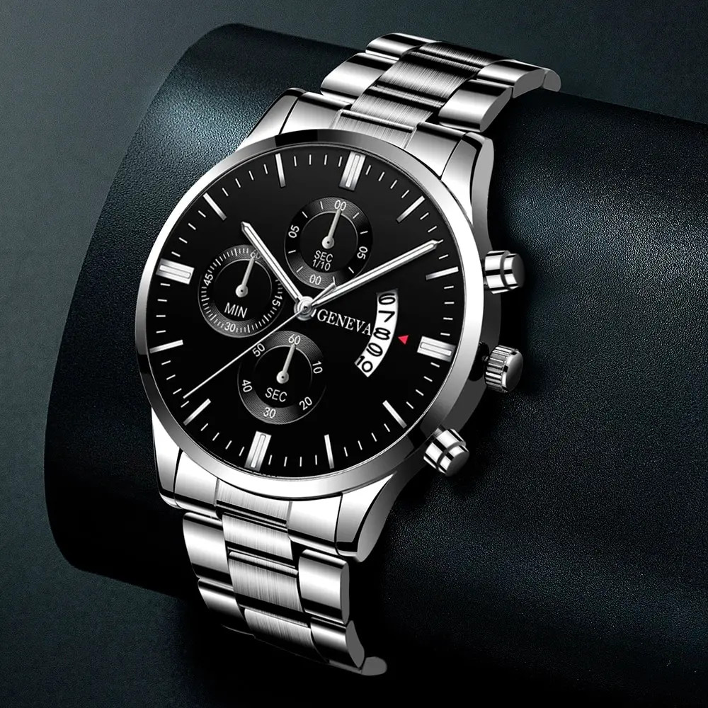 Luxury Men’s Silver Stainless Steel Quartz Business Watch with Calendar