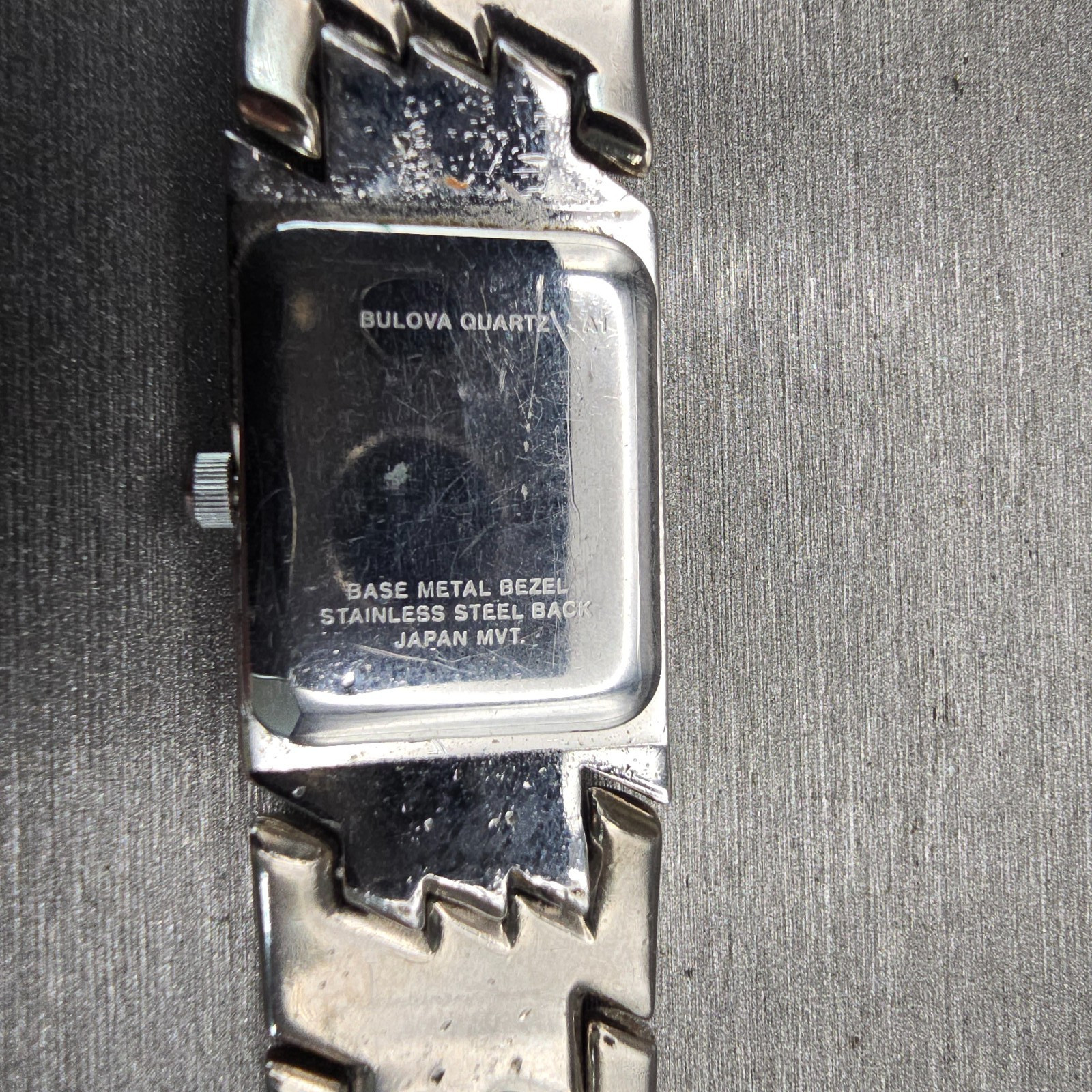Bulova Watch Women 17mm Black Dial Silver Tone Gemmed Rectangle New Battery VTG