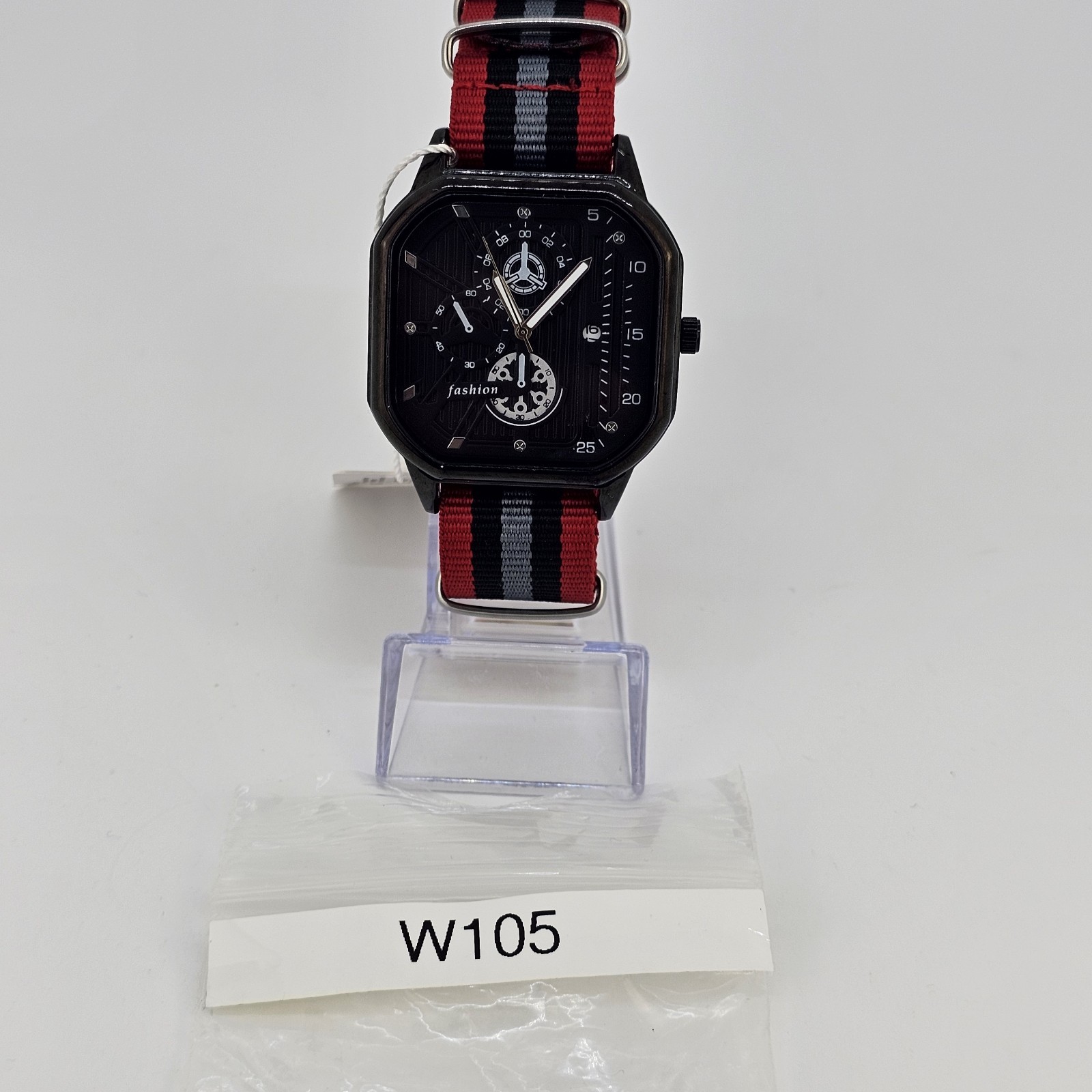 42MM Men’s Watch Black Dial Date Red Black Gray Canvas Band Strap New Battery