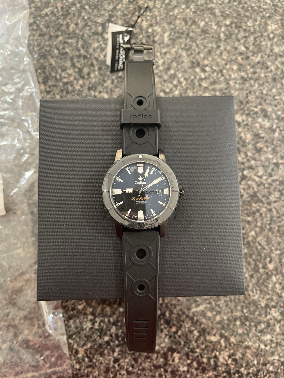 Zodiac Super Sea Wolf Men’s Black Watch, 200M WR, Reference ZO9297 New With Box