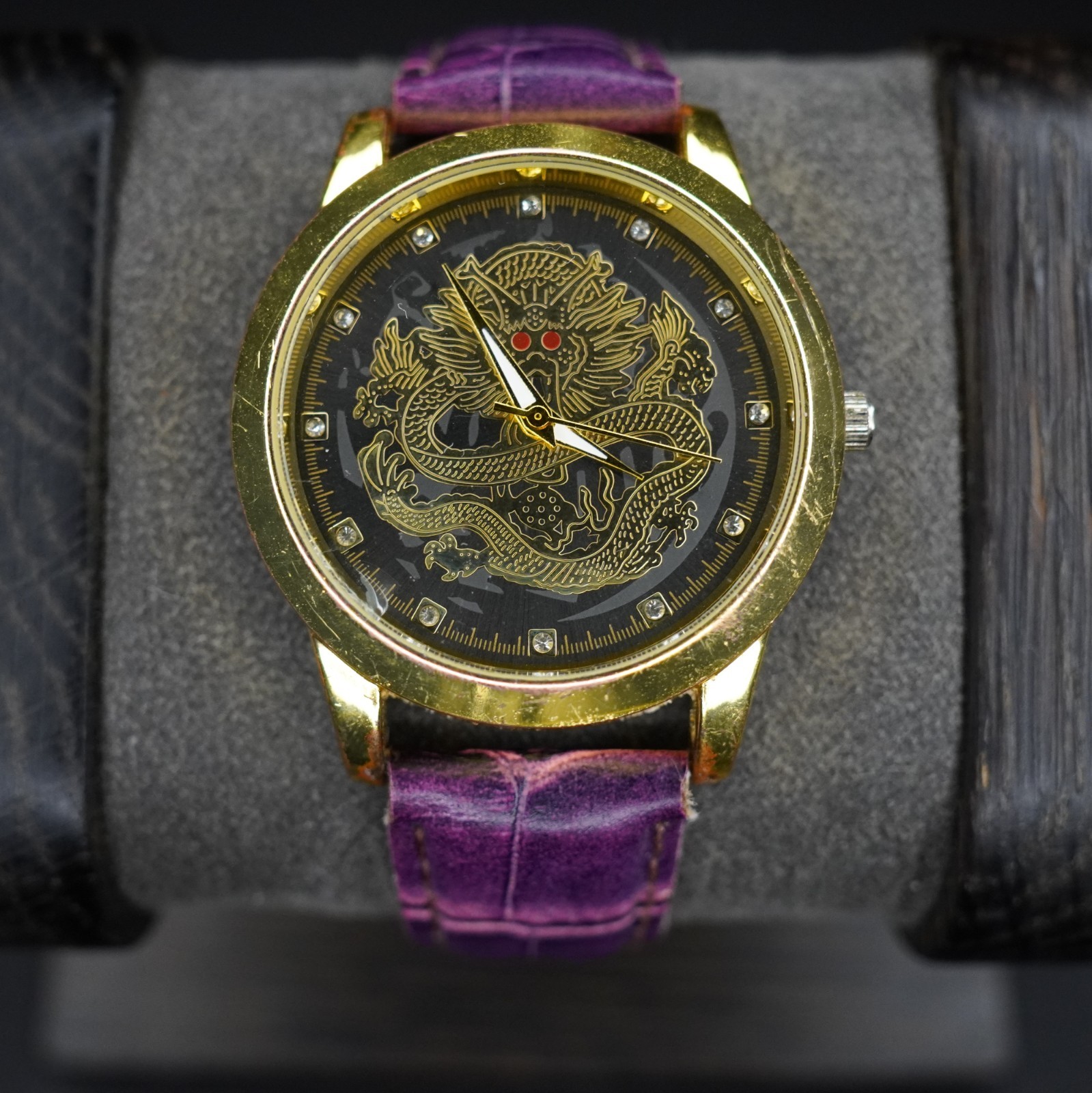 Oruss 1853 Dragon Men’s Quartz Watch Gold Tone Black Dial Purple Leather Band
