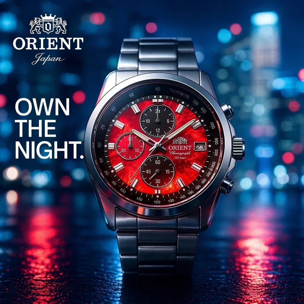 Orient Watch Men Chronograph Red Dial Stainless Steel Band Luxury Birthday Gift