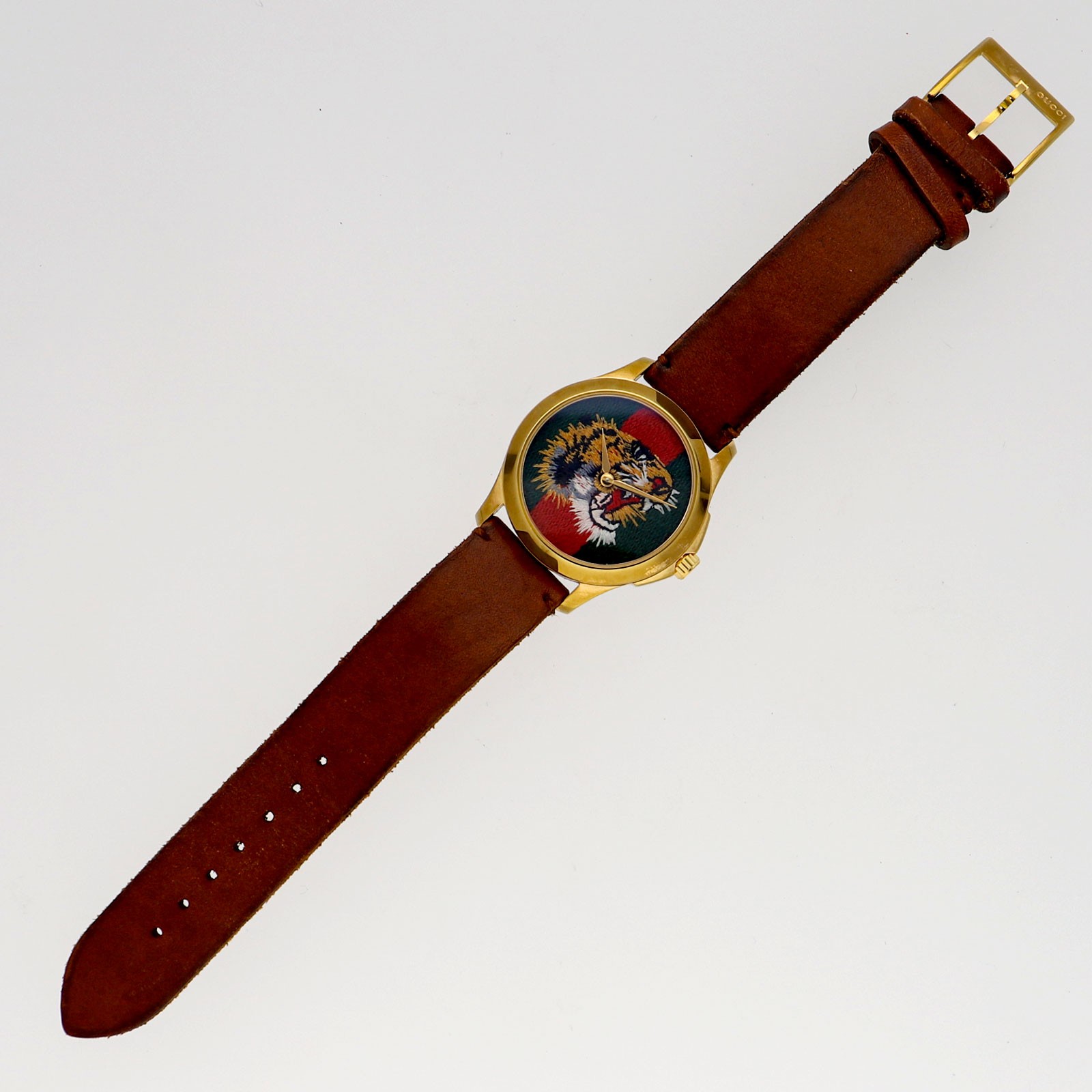GUCCI 126.4 G Timeless Marche de Merveille Tiger WATCH Green / red GF/leat…