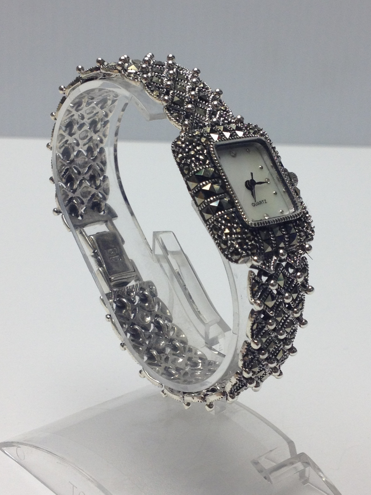 LUXURY 925 STERLING SILVER SPARKLE MARCASITE STONE MOP LADY FANCY BRACELET WATCH