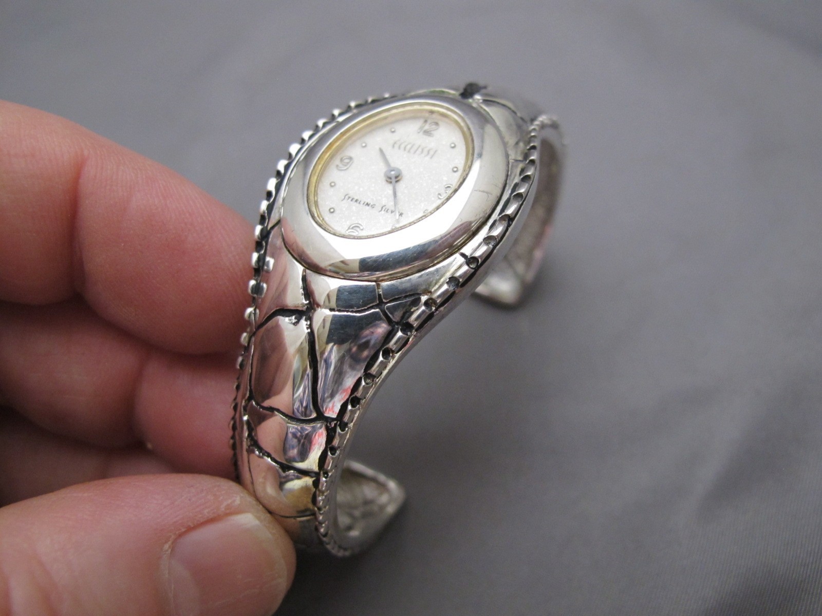 Ladies ECCLISSI 31000 Sterling Silver CUFF WATCH w/BOX-ALLIGATOR SKIN Pattern