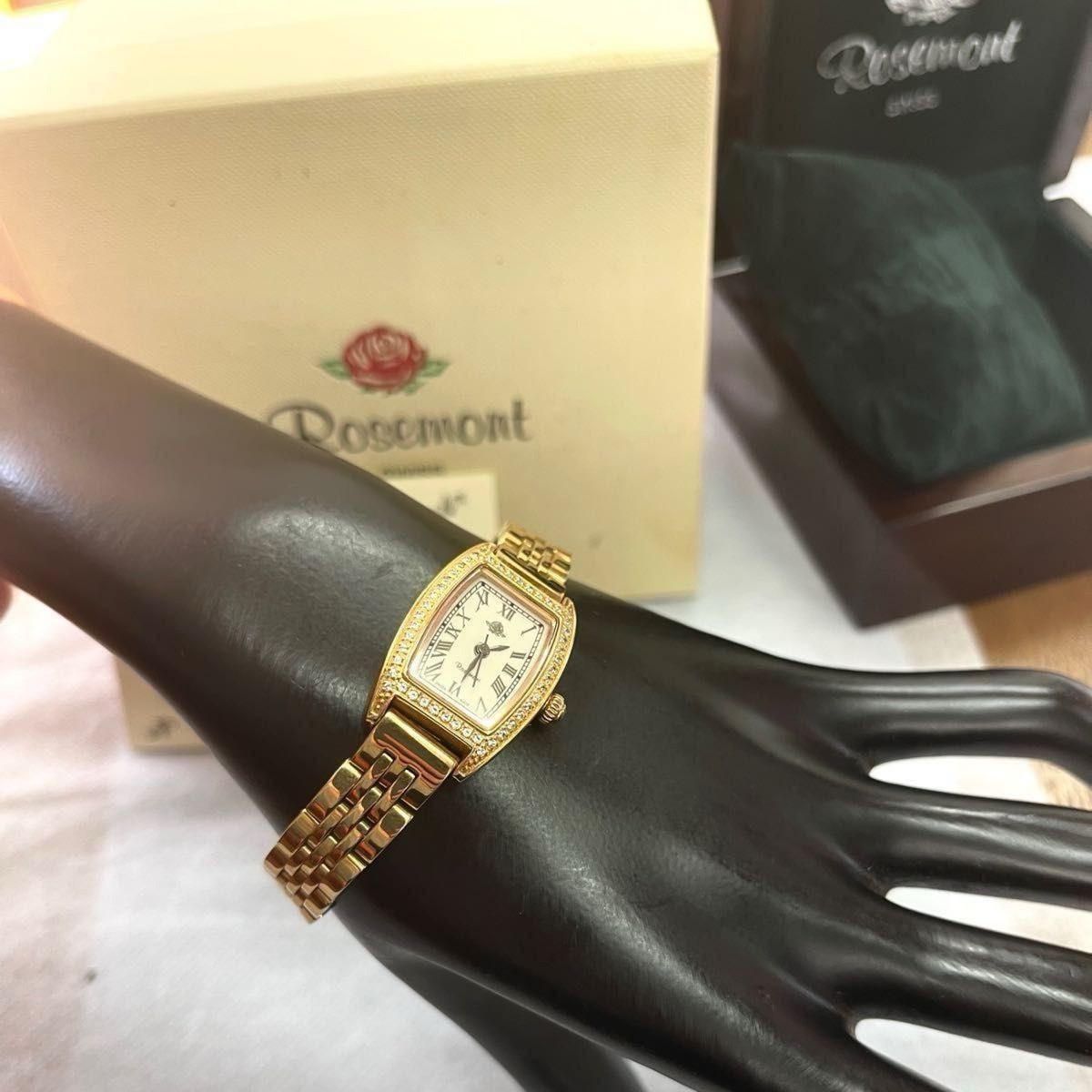 Working Excellent Condition ROSEMONT Watch Stone Bezel Tonneau Pink Gold Delicat