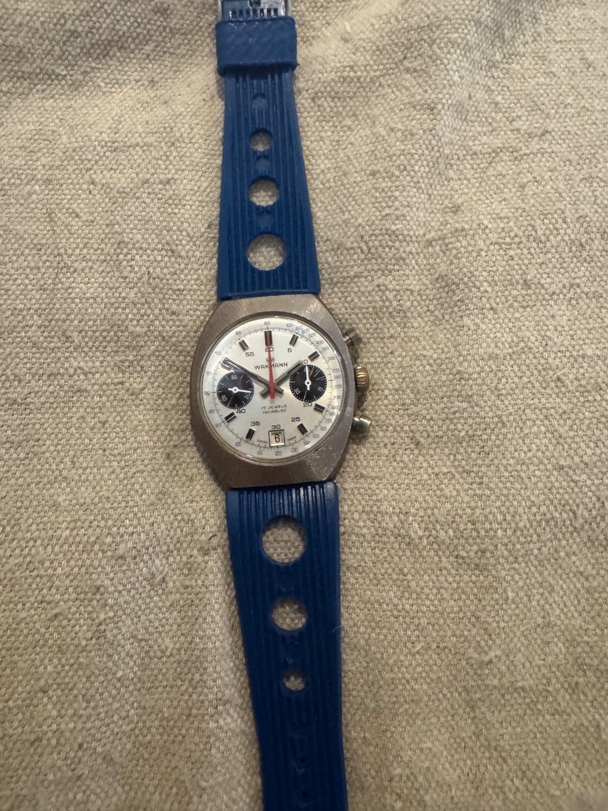 Vintage Wakmann panda chronograph date 7734 mechanical swiss made timepiece
