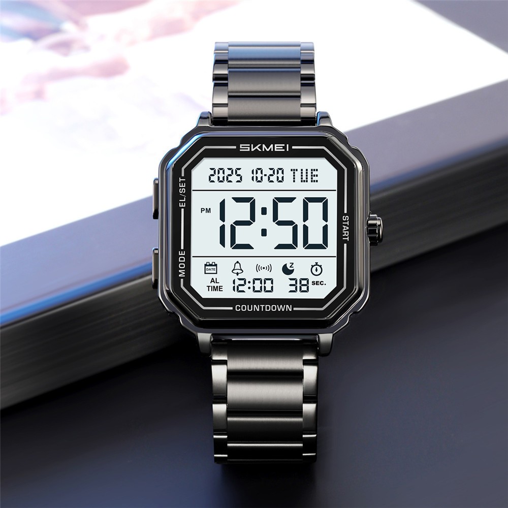 SKMEI Men Watch Rectangle Digital Wristwatch 2Time Male Steel LED Alarm Watches