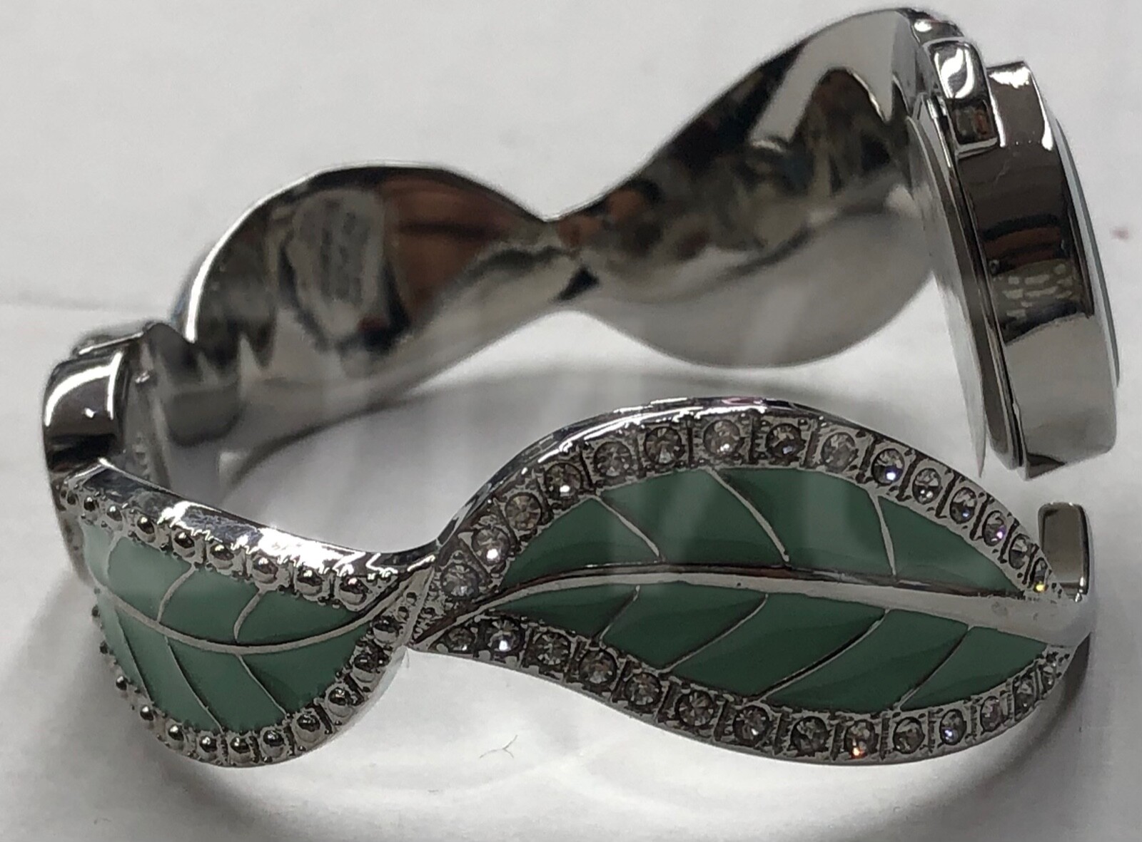 Studio Time Watch Women Silver Tone Green Resin Leaf Hinged Cuff