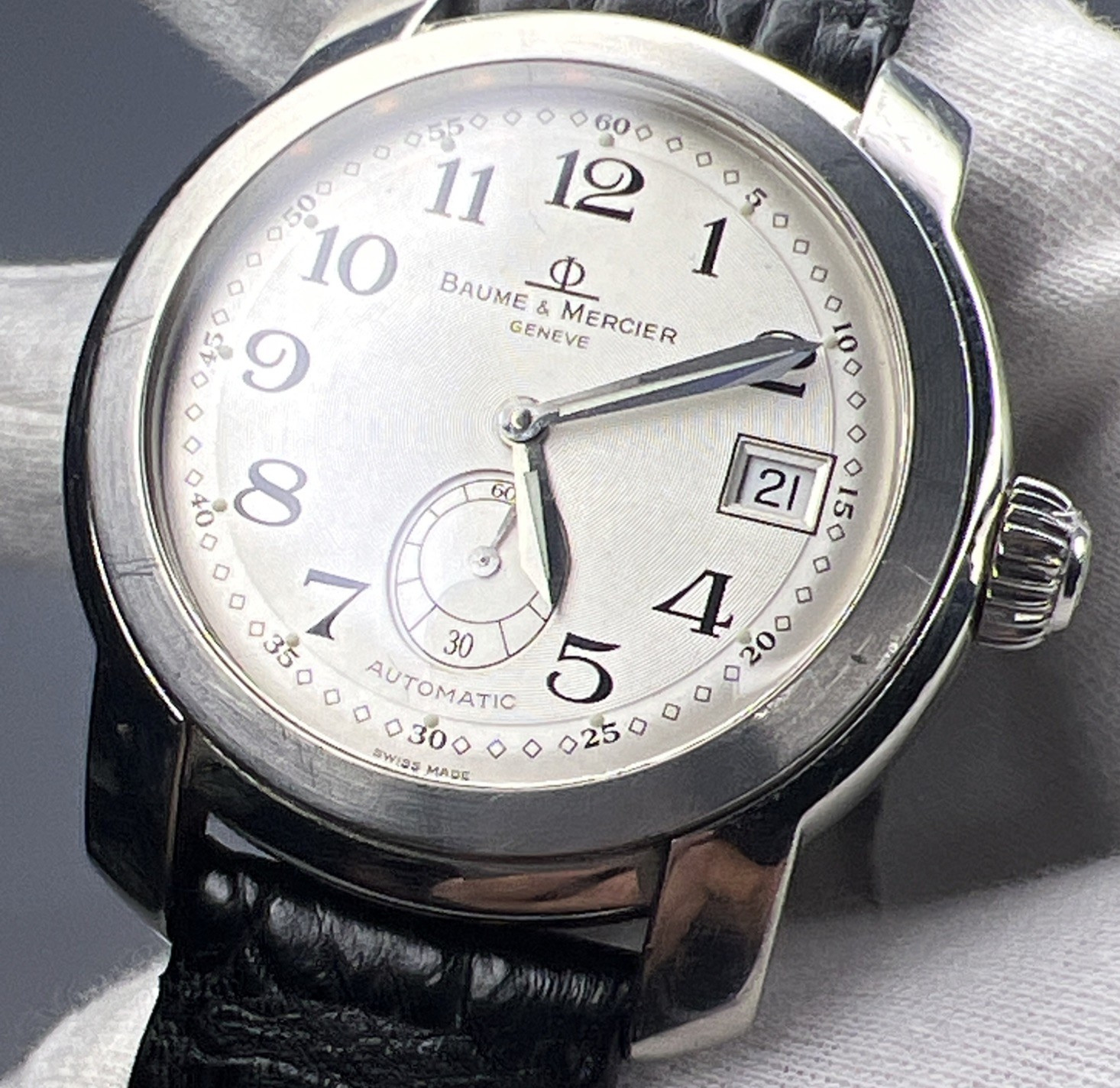 Baume & Mercier 39mm Steel Capeland Automatic Date Watch Silver Off White Dial