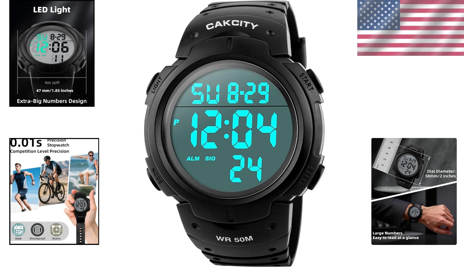Men’s Active Digital Watch – 50mm Face, EL Backlight & Waterproof for Outdoors