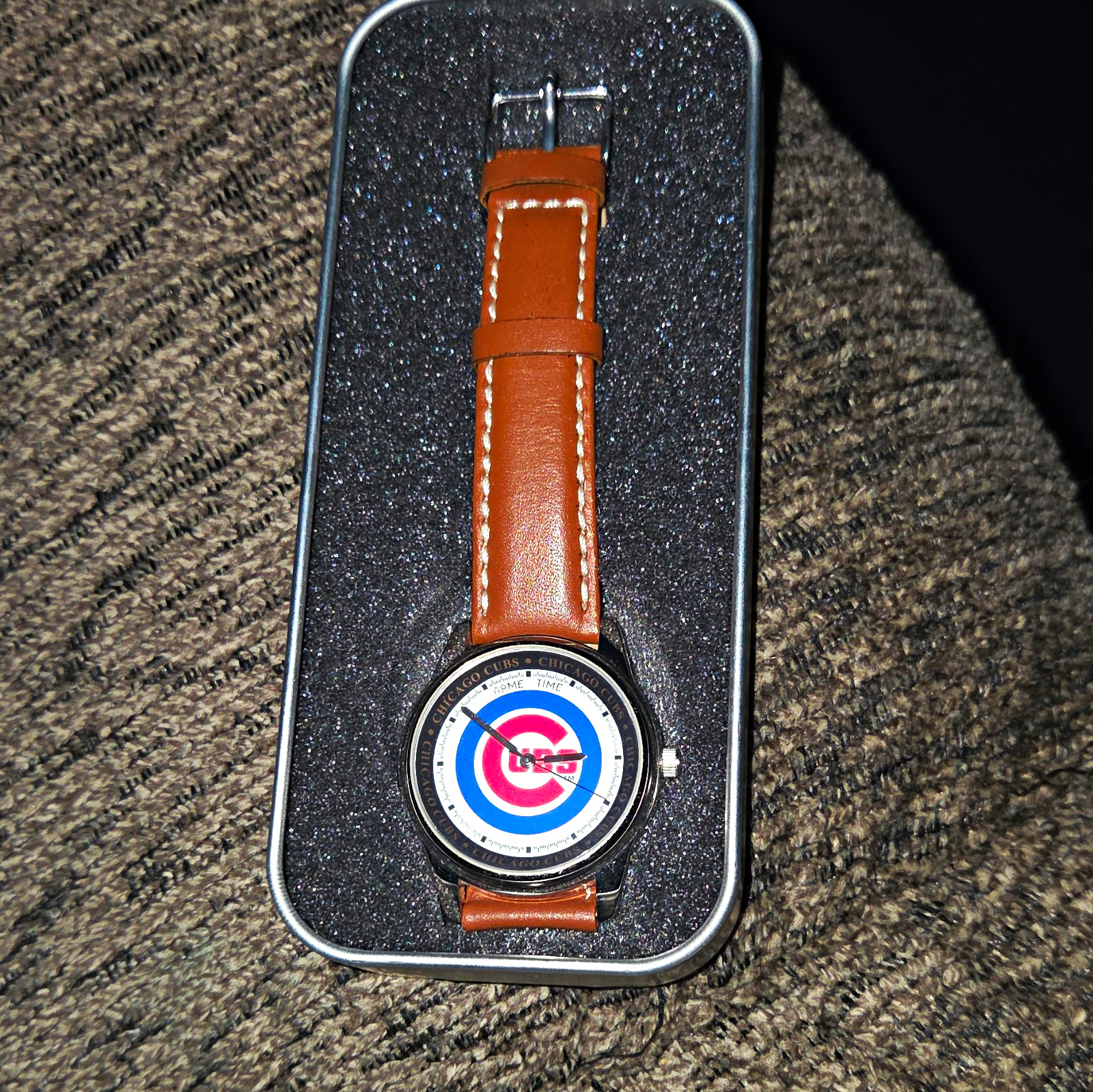 Game Time Chicago Cubs Quartz Wristwatch Brown Leather 40mm 30m Box Manual