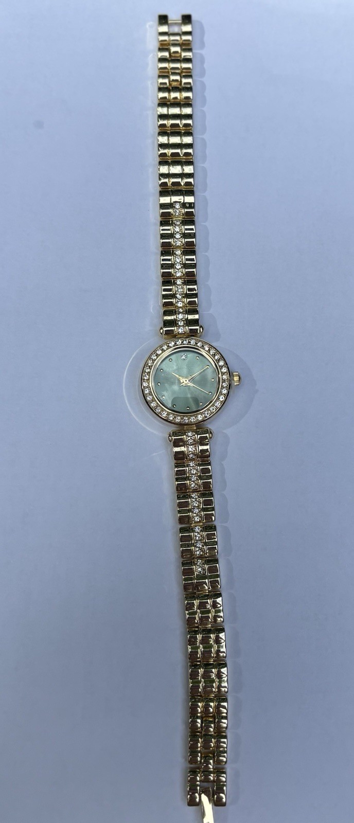 Women Gold Tone Quartz Bracelet Watch Emerald Green Dial Gem, with real Diamond