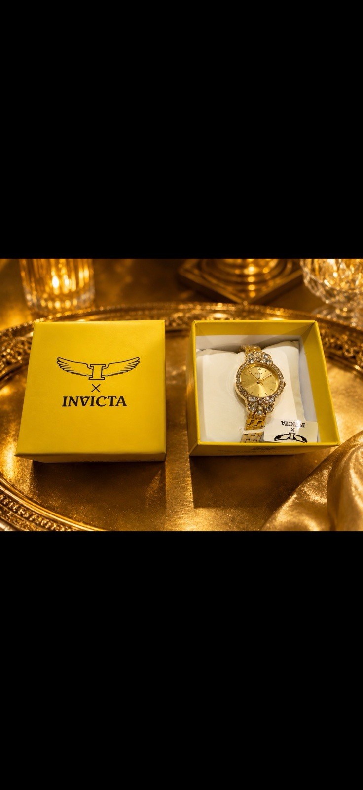 Invicta Women’s Dress Analog Watch Gold Dial Sunburst Gem-Set Bezel Box