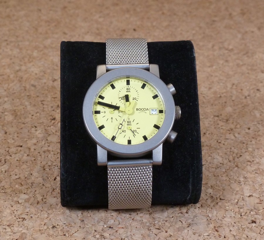Vintage Boccia Titanium Chronograph Watch Yellow Face Silver Mesh Clasp Band