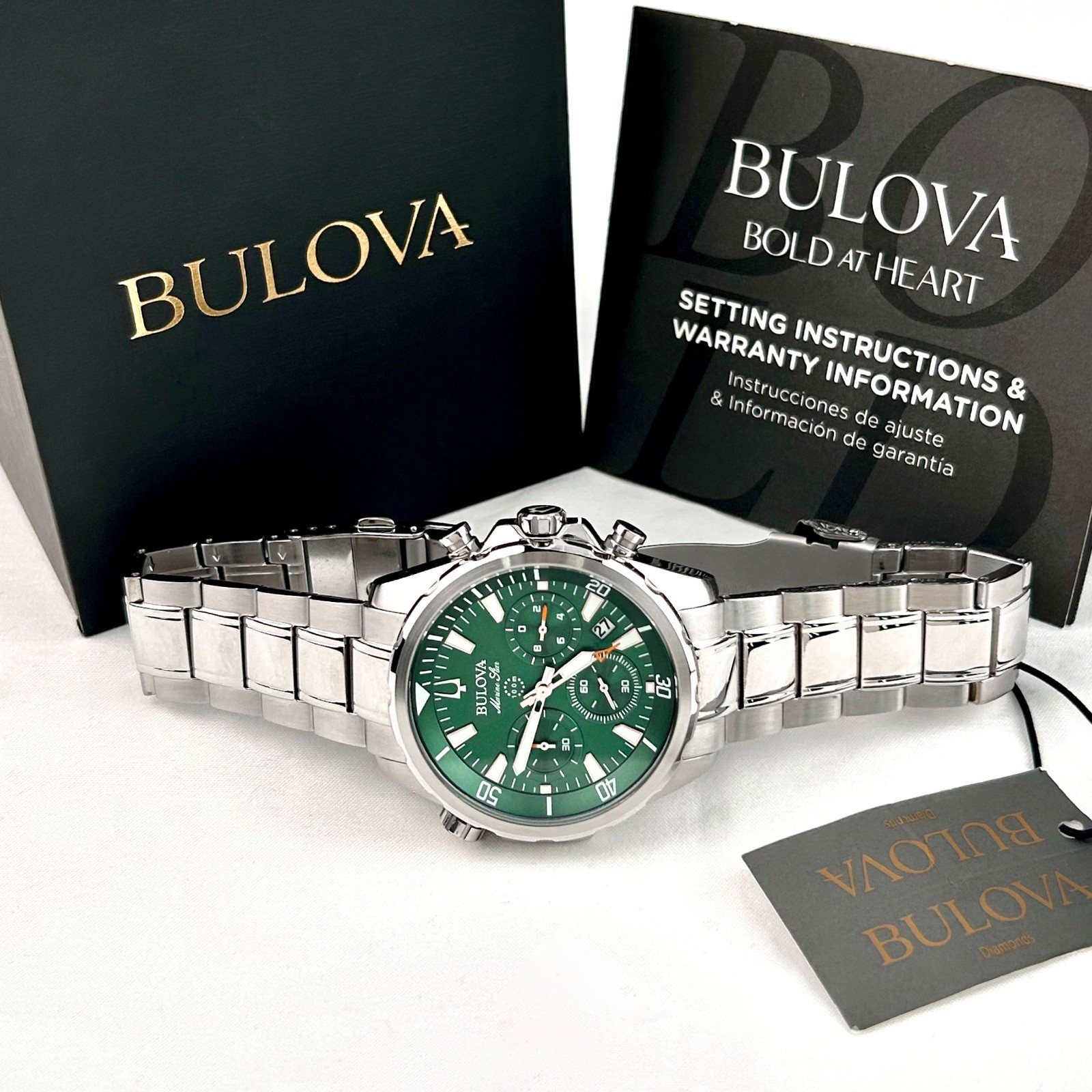 New w/box/Bulova Marine Star 96B396 Green Dial Chronograph Men’s Quartz Watch