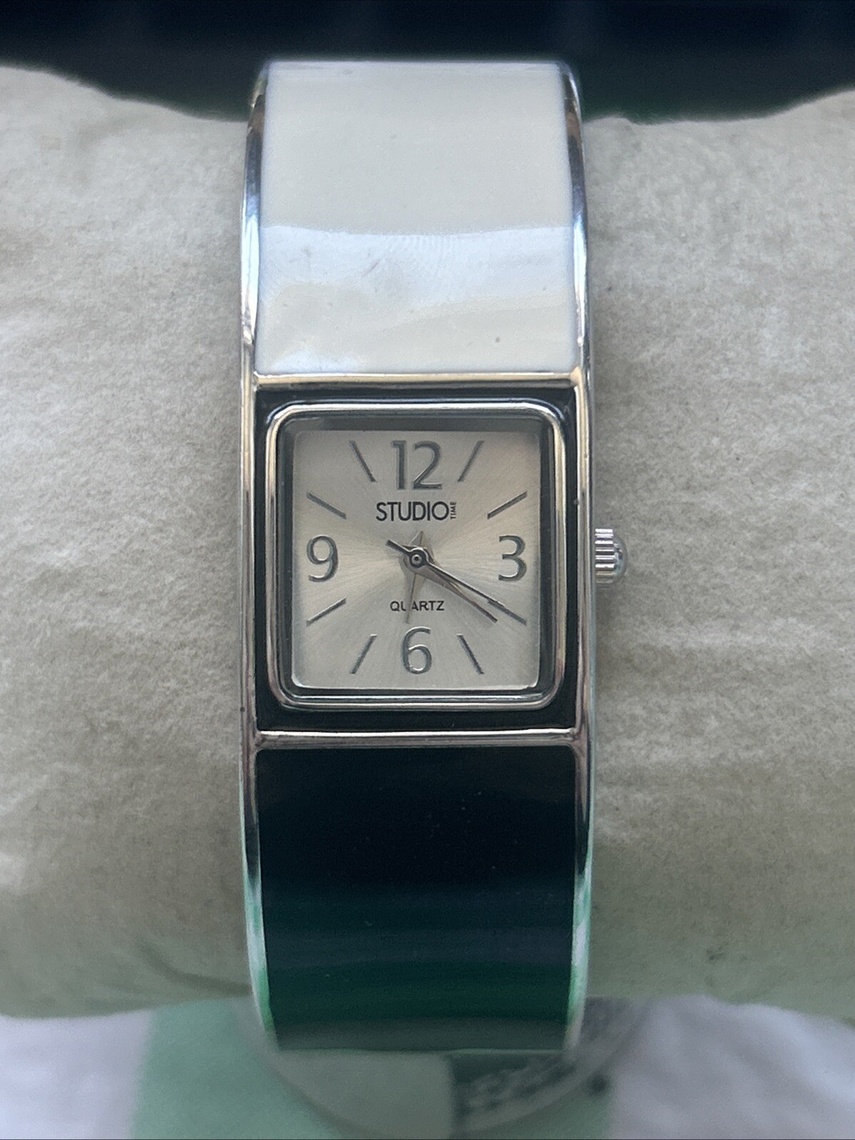 Studio Time Silver Tone Black, White And Grey Womens Cuff Watch