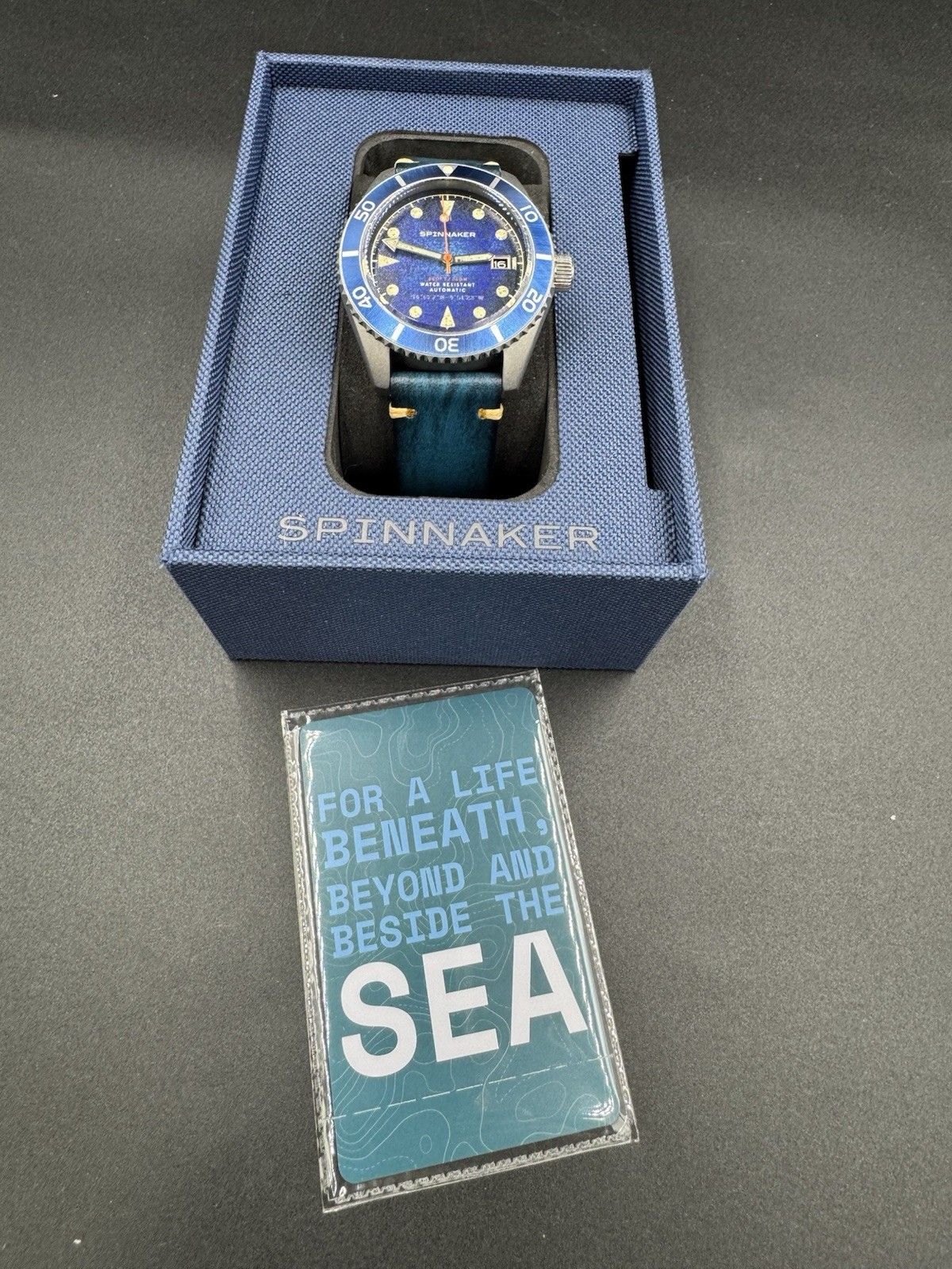 Spinnaker Wreck Auto Diver Oxidized Blue Leather Strap 44mm Watch Near Mint Cond