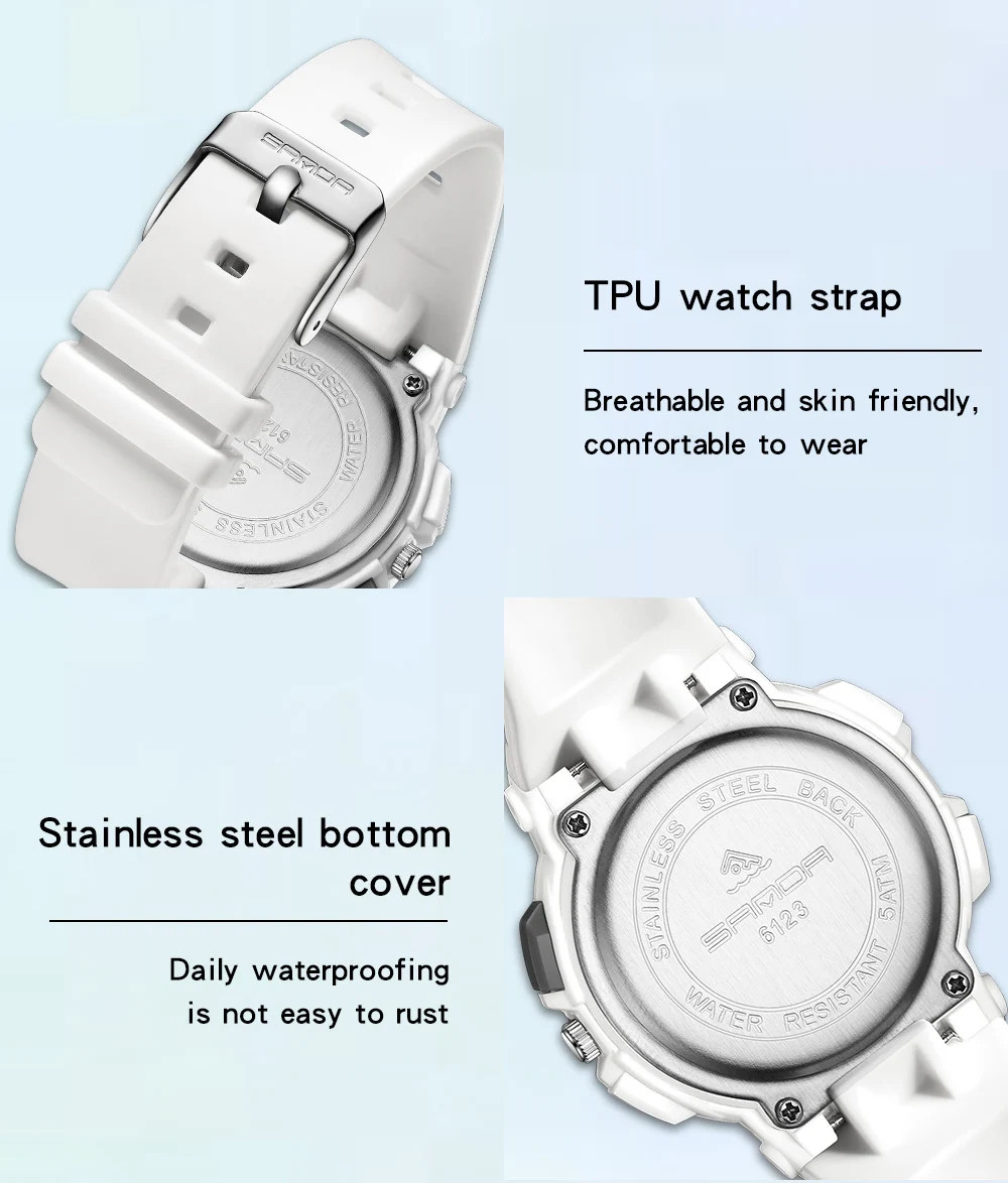 Sanda 6123 Trendy Design Soft Student Watch TPU Strap 50M Depth Waterproof