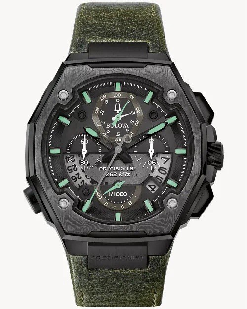BULOVA PRECISIONIST CHRONOGRAPH 98B355 BLACK DIAL GREEN LEATHER STRAP MENS WATCH
