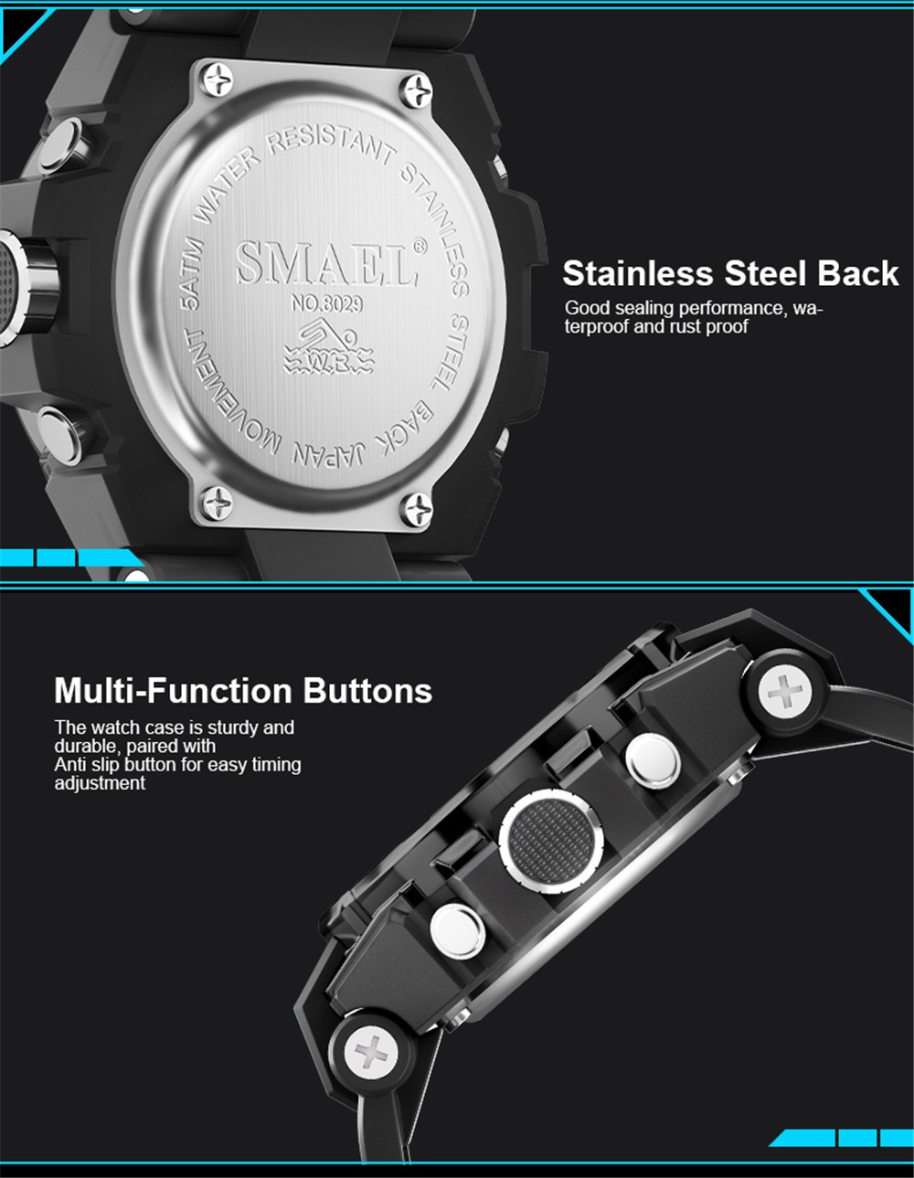 SMAEL Men Digital Sport Watch Large Dial LED Alarm Wristwatch Boy Military Watct