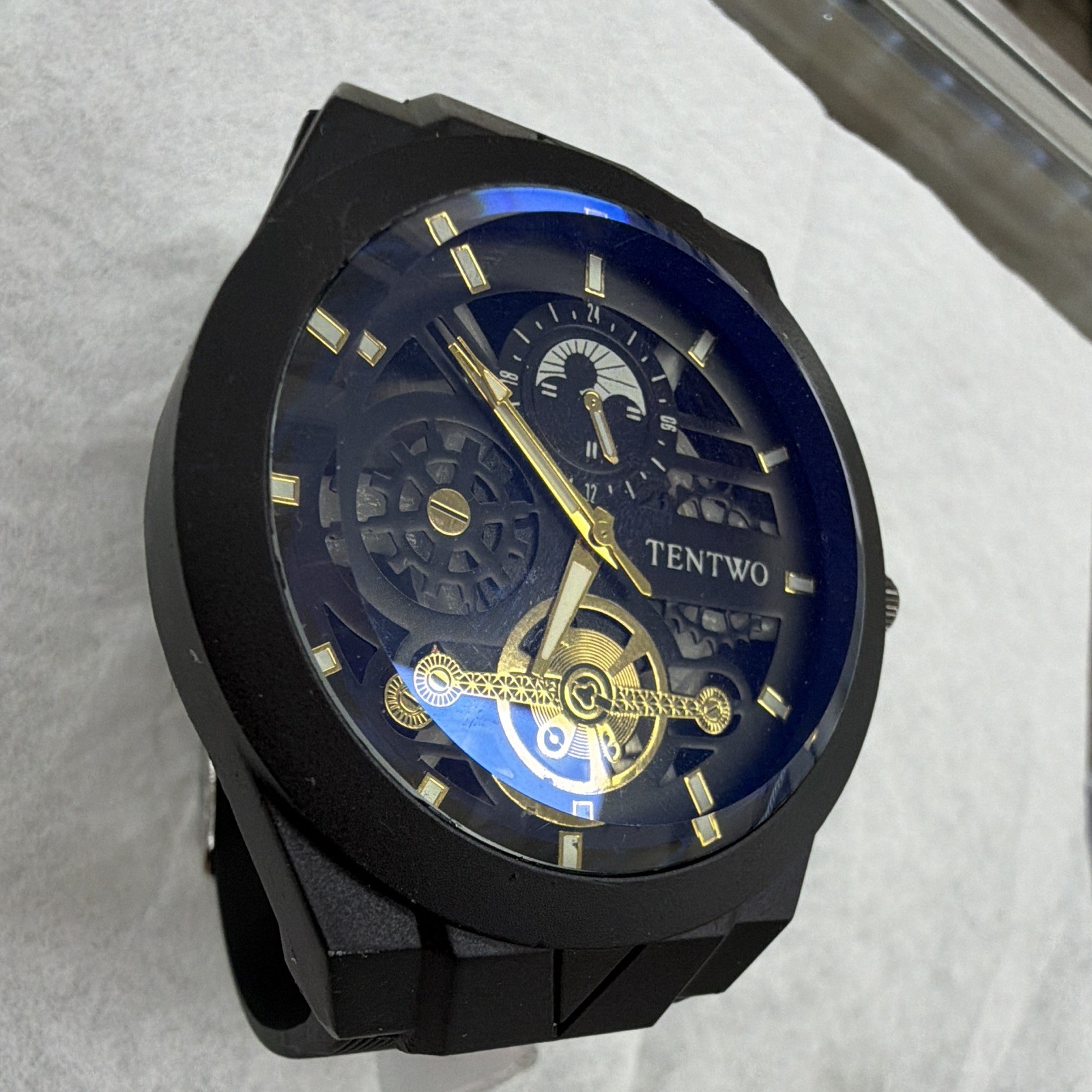 TENTWO Quartz Analog Skeleton Dial Watch Blue/Black/Gold Black Rubber Strap