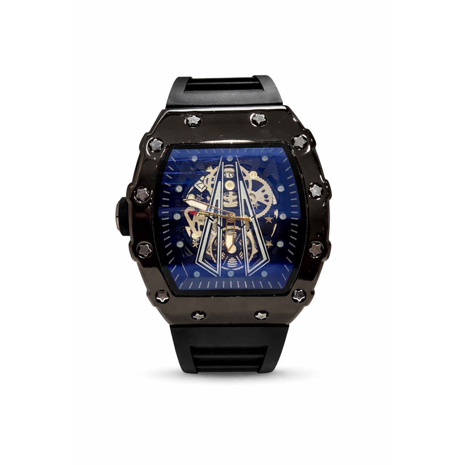 Luxury Skeleton Dial Men’s Watch ORUSS 1853 Black Stainless Steel Blue Face