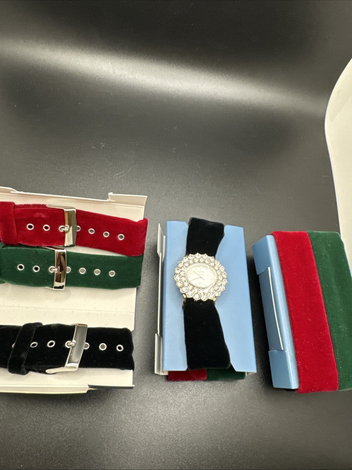 3 Rhinestone Quartz Watches Crystal Bezel Velvet Bands Red Green Black Lot