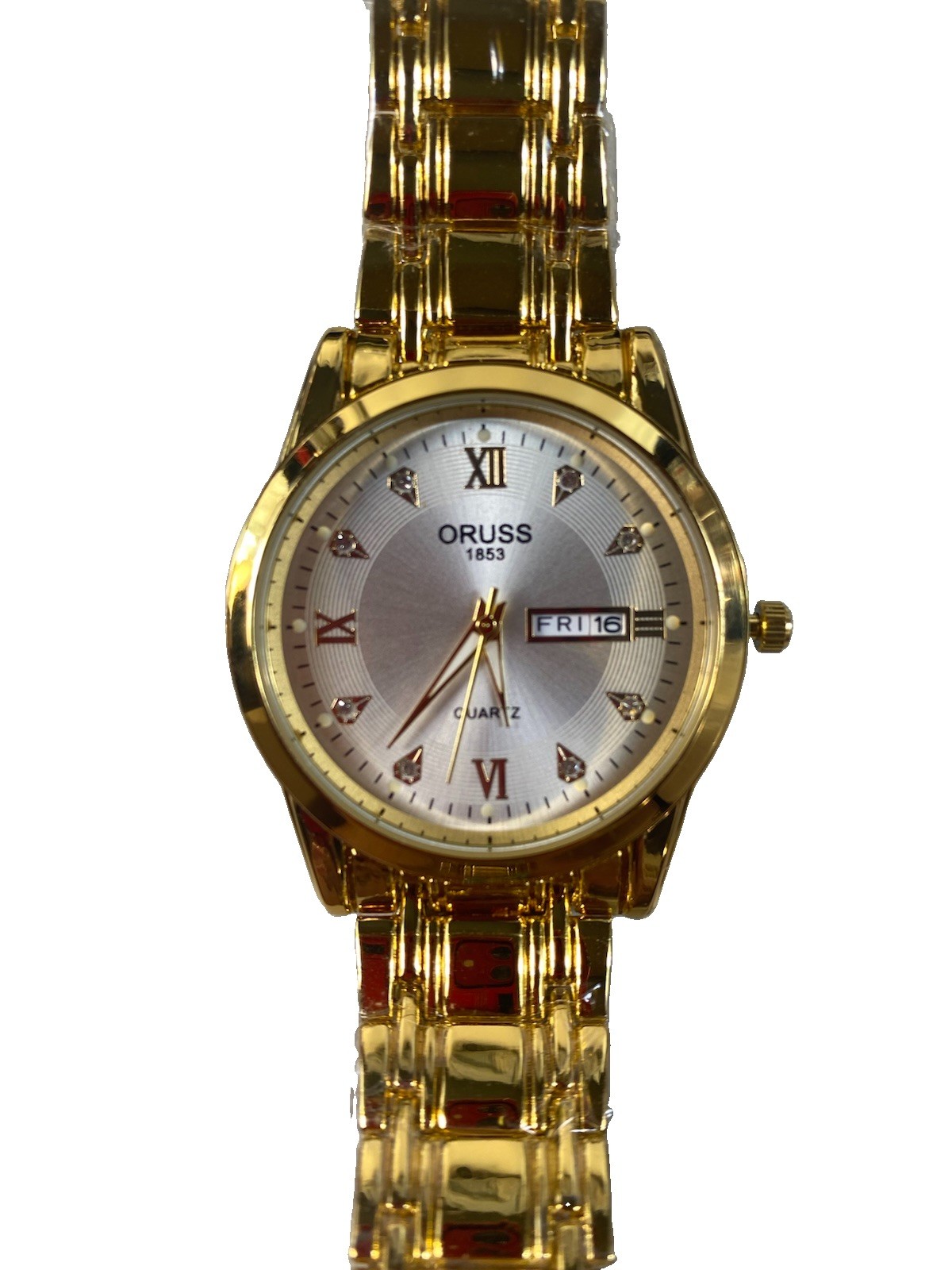 Oruss 1853 Men’s Watch Quartz Movement White Face Gold tone Band Date New w/Box
