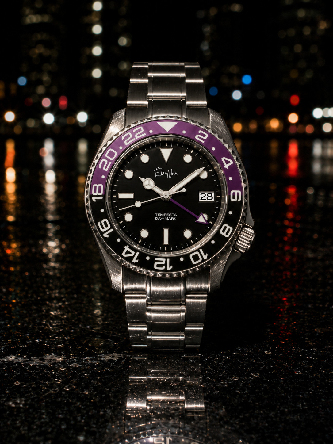 Custom Élan Noir Tempesta GMT Watch 41mm Steel Silver/Black/Purple NH35 Auto