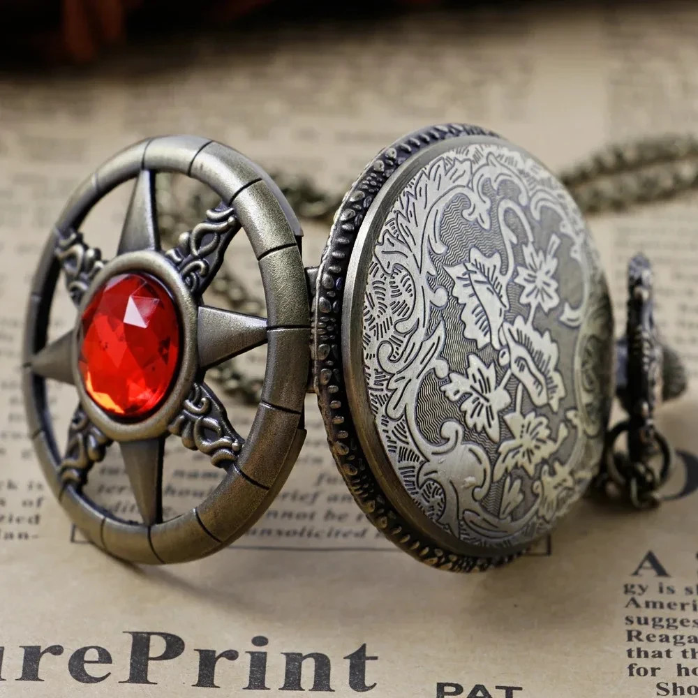 Steampunk Red Gem Compass Pocket Watch Necklace – Antique Bronze Pendant