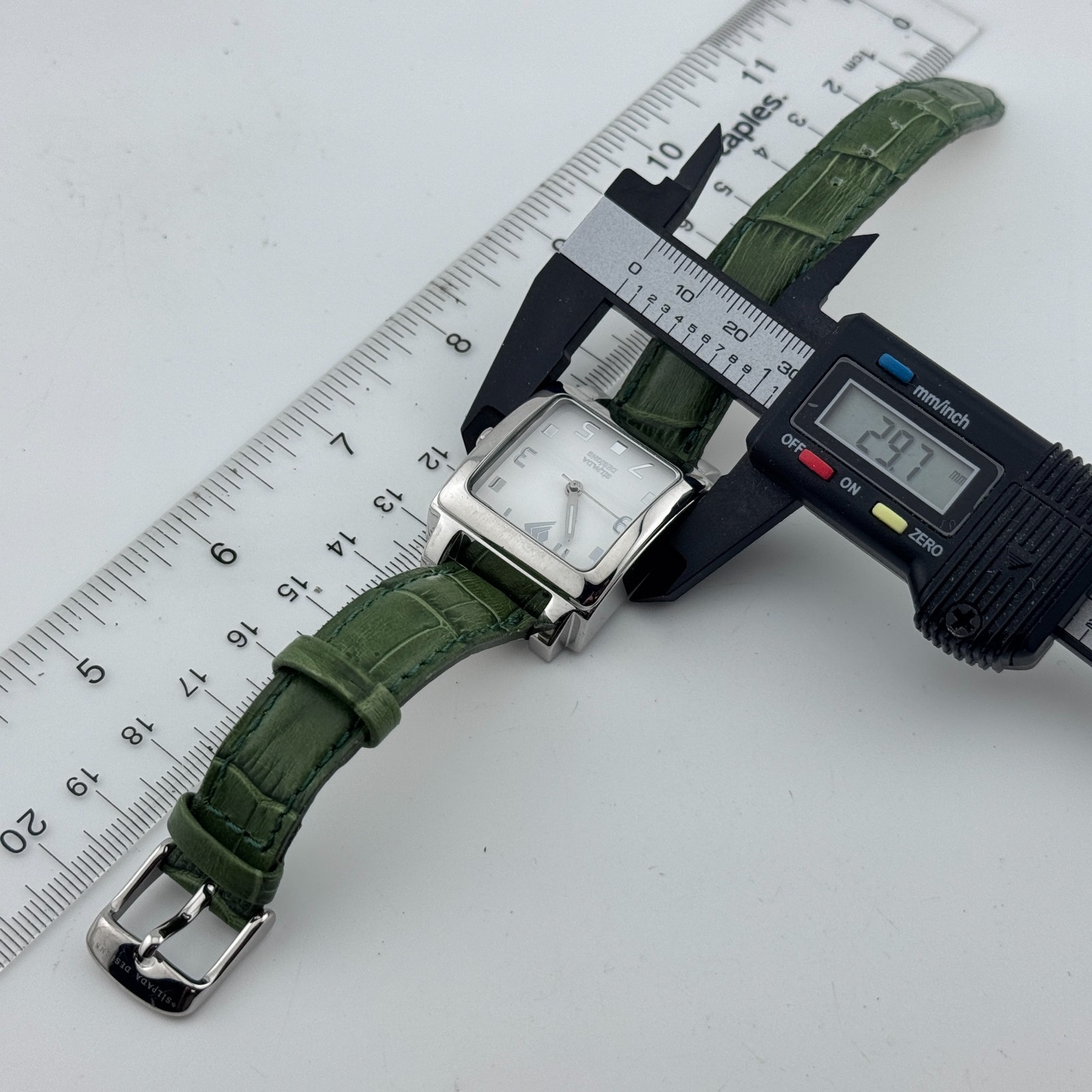 Vintage Sipada Quartz Watch Women Silver Square Green Leather Analog New Battery