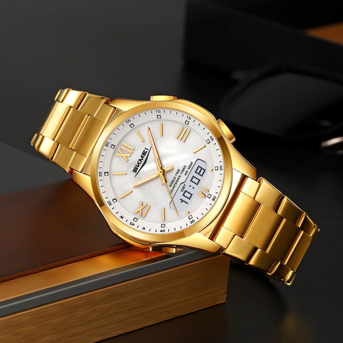SKMEI Men Quartz Watch Roman Numeral Digital Wristwatch Male Steel LED Watches