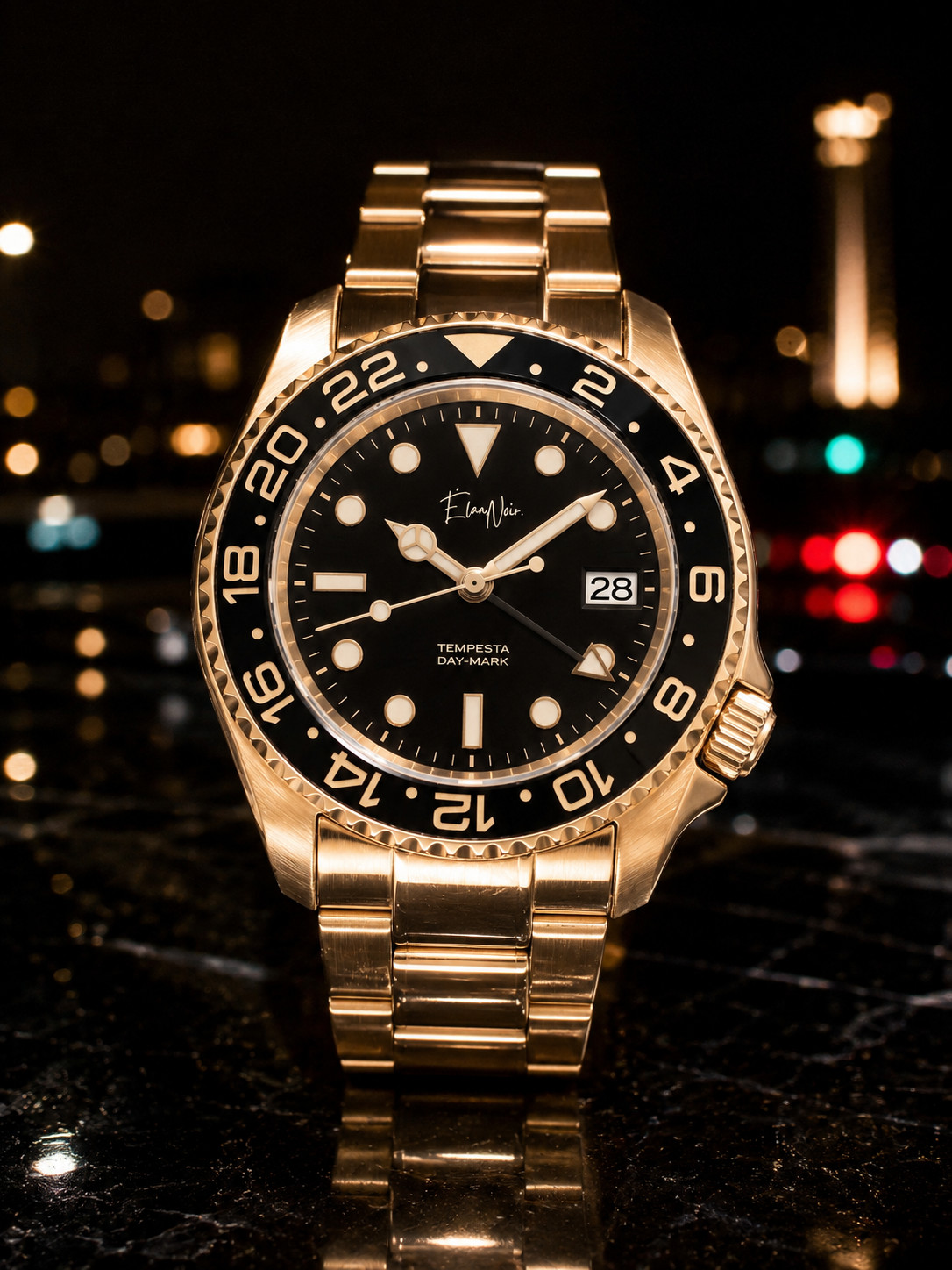 Élan Noir Tempesta GMT Automatic 41mm Gold Tone Steel Black Dial & Bezel NH35