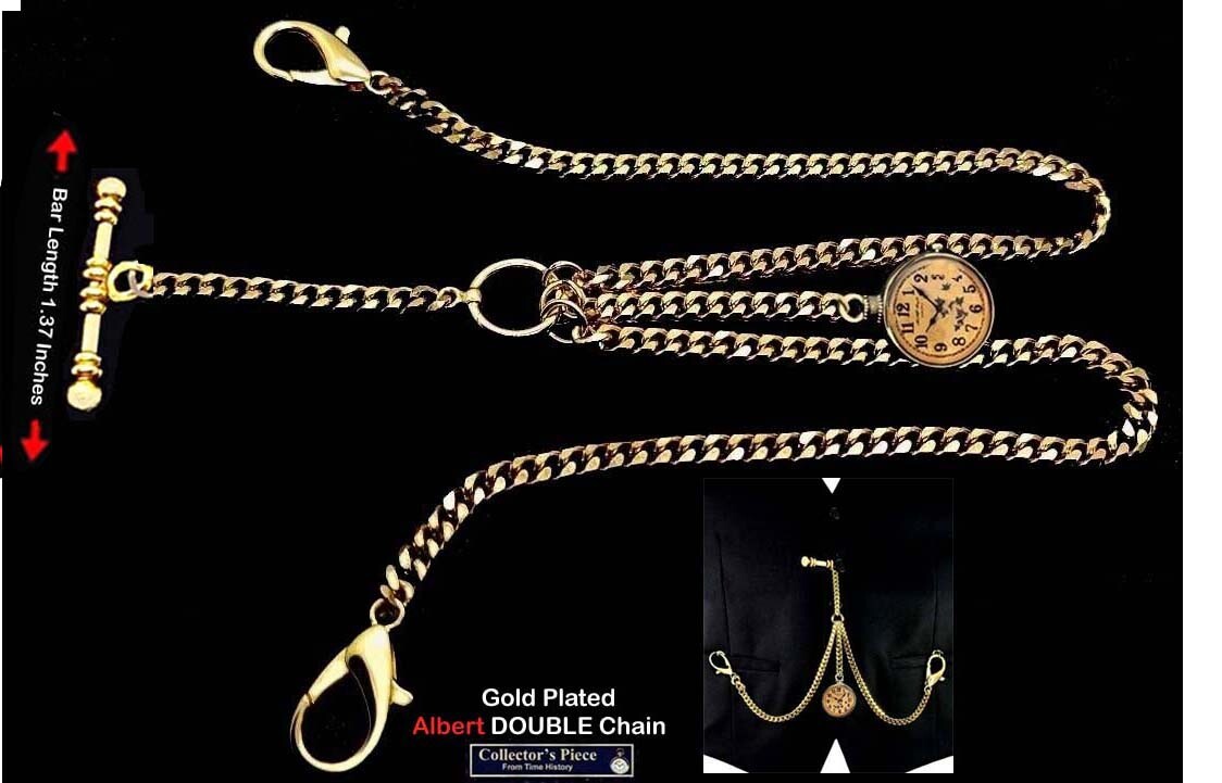 Gold Plated Strong Pocket Watch Albert Double Chain With Ornate Fob & T-Bar