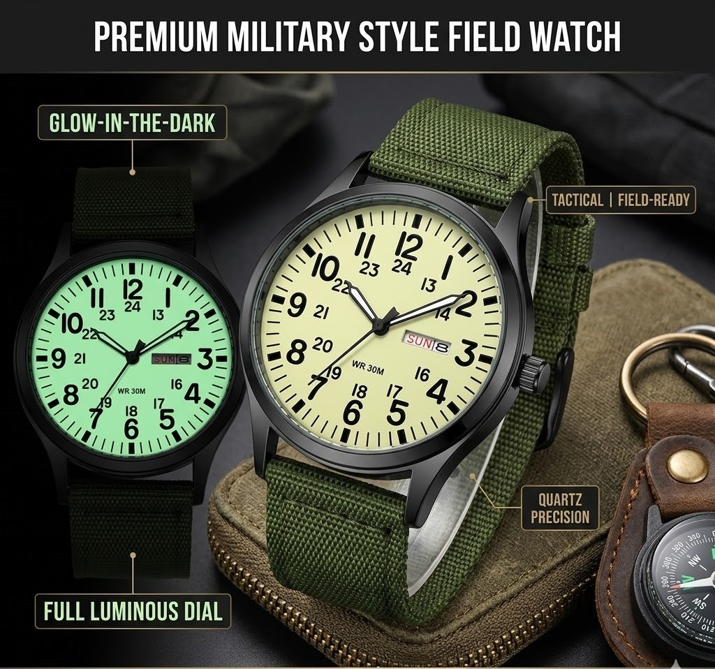 Durable Field Watch Easy Read Dial 24H Display Nylon Strap Quartz Movement