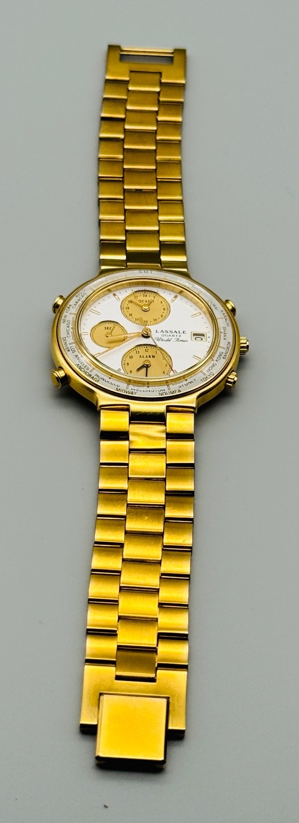 Vintage Seiko Lassale Watch World Timer Alarm Gold Tone White Dial Men 5T52-6A99