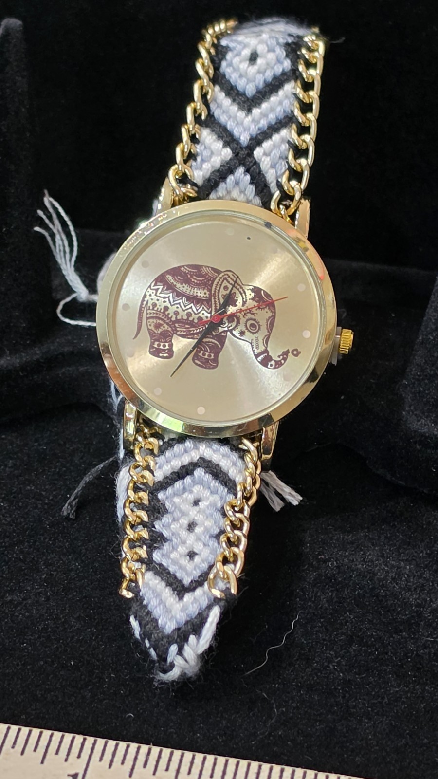 Women’s Elephant Dial Wrap Wristwatch Gold Tone Case Black/White Fabric Strap