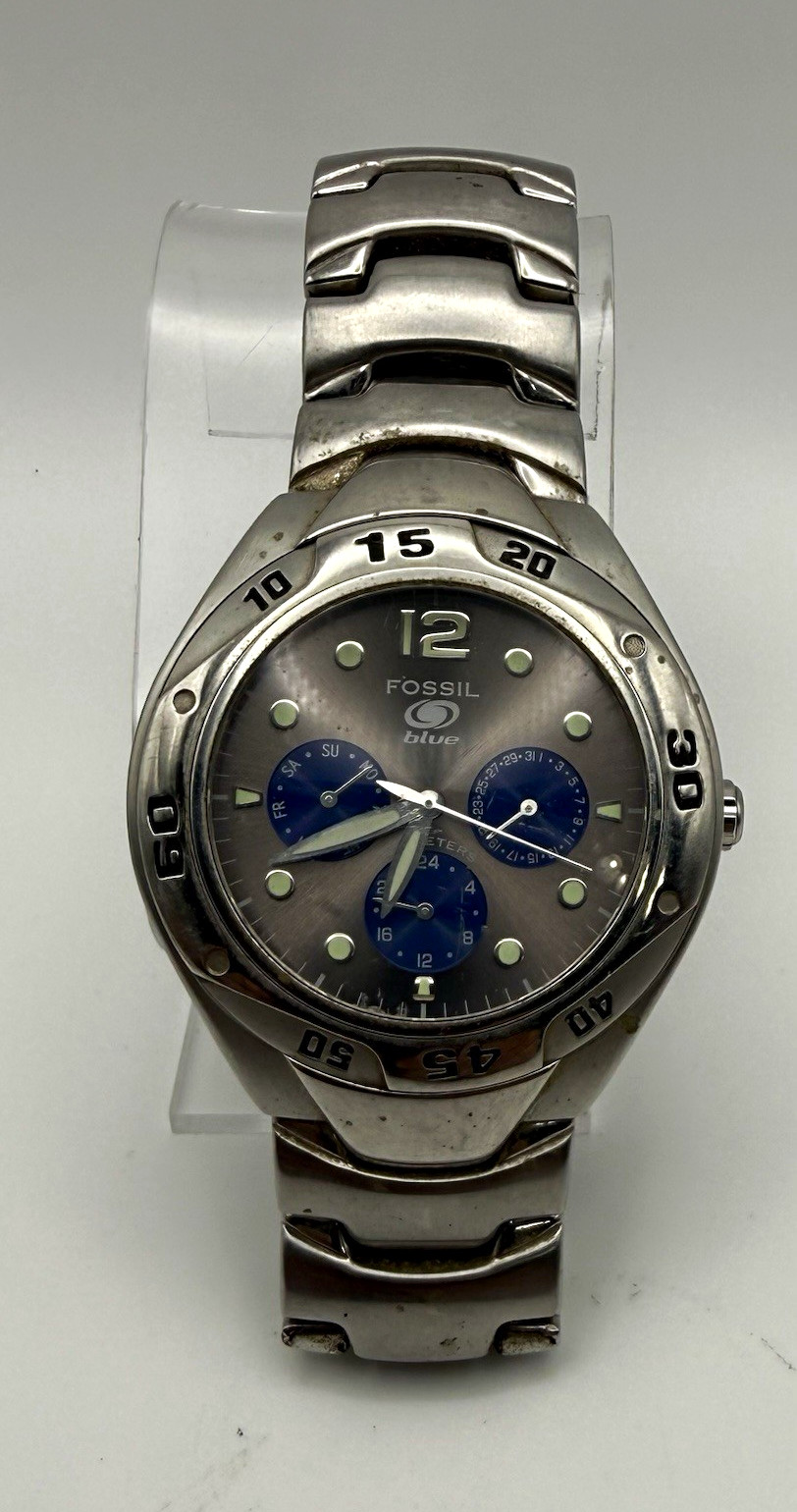 Fossil Blue Mens Quartz Multi-Dial Steel Bracelet Gray/Blue Dial 40-43mm