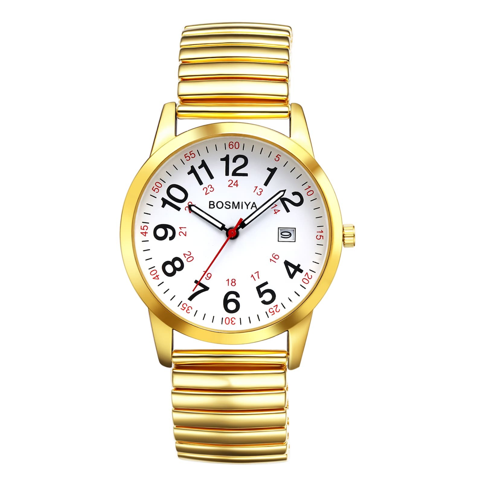 Large Mens 24hr Elastic Band Mens Wristwatch Easy To Read Date Stainless Steel
