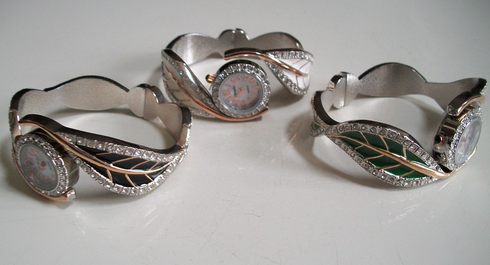 Women number dial stone leaf black, green and white fashion bangle cuff watch